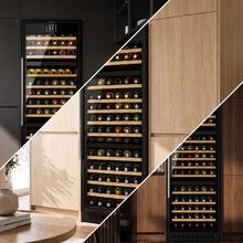 Bolero GrandSommelier Tri 160000 SBI preta, Adega climatizada semi-integrada, com ventilação frontal, capacidade para 160 garrafas, 3 zonas de temperatura (superior 12-22ºC, intermediária 5-22ºC, inferior 12-22ºC), tela sensível ao toque TFT colorida, ventilação assistida, sistema NoFrost, 10 prateleiras de madeira, filtro de carvão ativado e iluminação interna em LED.