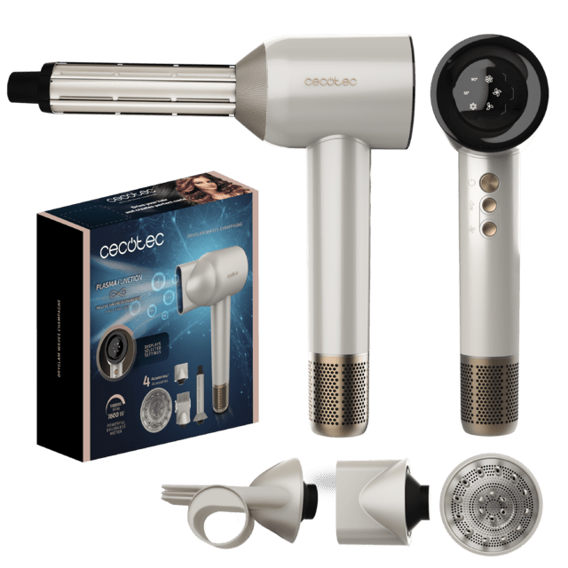 DryGlam Waves Champagne Secador de pelo con motor Brushless y Tecnología de Plasma Revolucionaria, Motor de 1600W y 110000 RPM, 4en1 cabezales con Efecto Coanda, Pantalla Digital, Control Inteligente del Calor, Función de Memoria y Motor Silencioso