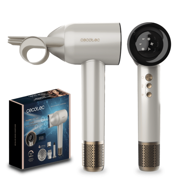 DryGlam Waves Champagne Secador de pelo con motor Brushless y Tecnología de Plasma Revolucionaria, Motor de 1600W y 110000 RPM, 4en1 cabezales con Efecto Coanda, Pantalla Digital, Control Inteligente del Calor, Función de Memoria y Motor Silencioso