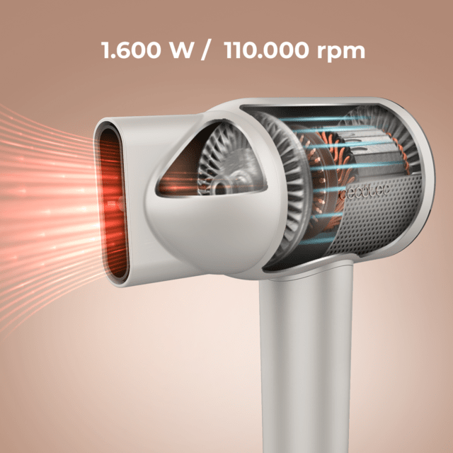 DryGlam Waves Champagne Secador de cabelo com motor Brushless e tecnologia de plasma revolucionária, motor de 1600 W 110000 RPM, cabeças com efeito Coanda 4 em 1, ecrã digital, controlo inteligente do calor, função de memória e motor silencioso