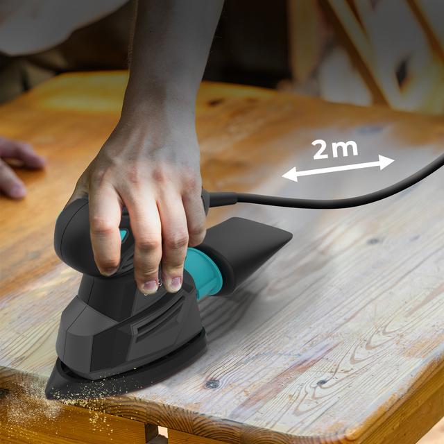 PerfectSurface 125 Delta EasyGo Ponceuse d'une puissance de 130 W. 13.500 tr/min. Design Delta. Accessoire FingerDetail et sac de transport. 12 rechanges inclus. Connexion à l'aspirateur et sac de collecte de poussière. Câble de 2 mètres.