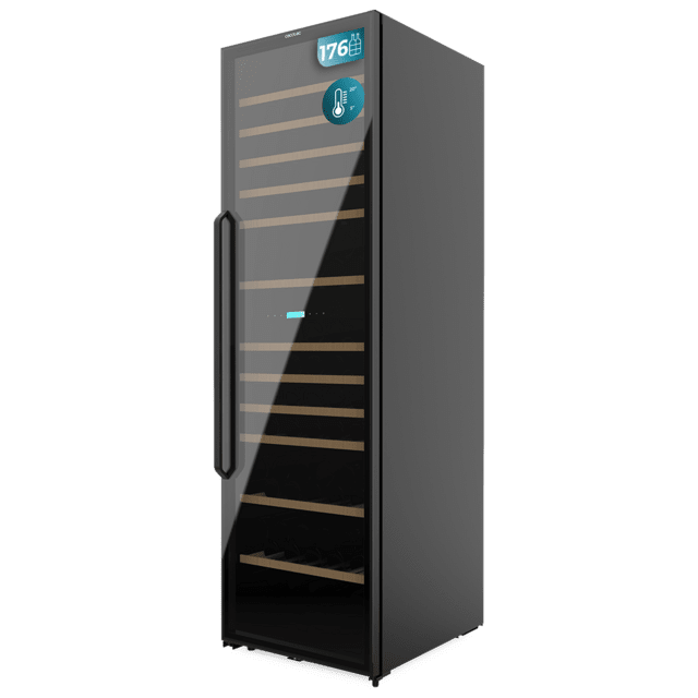 Bolero GrandSommelier Duo 176000 Black Vinoteca libre instalación, 195.5x59.5cm, 176 Botellas, Dual Cooling, 2 Zonas temperatura, Rango 5-20ºC, Display LED, Doble Vidrio UV, 12 Bandejas madera, luz LED, Alarma temperatura y puerta, Filtro carbón activo, Compresor.