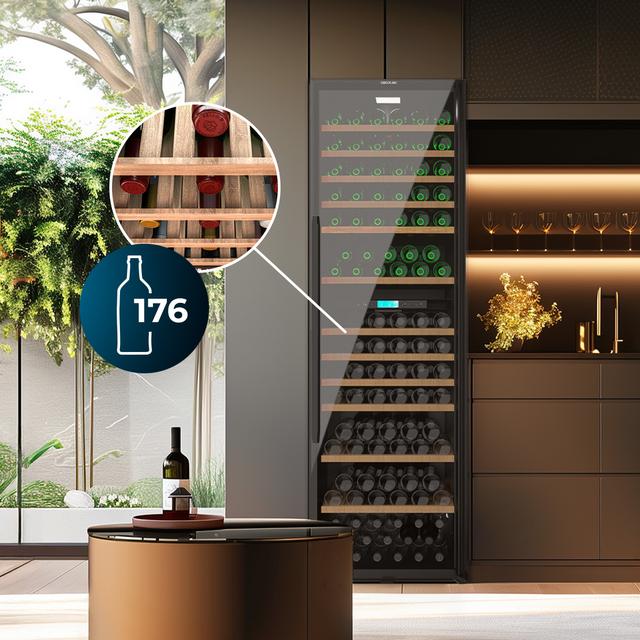 Bolero GrandSommelier Duo 176000 Black Vinoteca libre instalación, 195.5x59.5cm, 176 Botellas, Dual Cooling, 2 Zonas temperatura, Rango 5-20ºC, Display LED, Doble Vidrio UV, 12 Bandejas madera, luz LED, Alarma temperatura y puerta, Filtro carbón activo, Compresor.