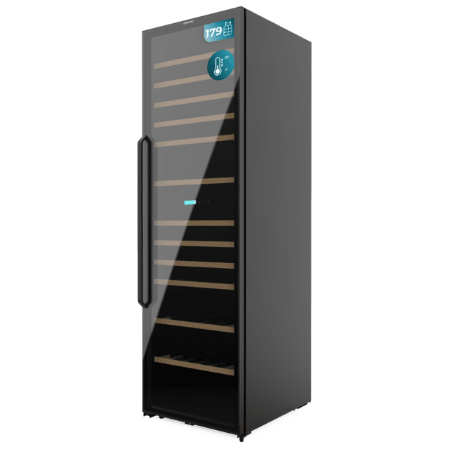 Bolero GrandSommelier Duo 176000 Black Vinoteca libre instalación, 195.5x59.5cm, 176 Botellas, Dual Cooling, 2 Zonas temperatura, Rango 5-20ºC, Display LED, Doble Vidrio UV, 12 Bandejas madera, luz LED, Alarma temperatura y puerta, Filtro carbón activo, Compresor.