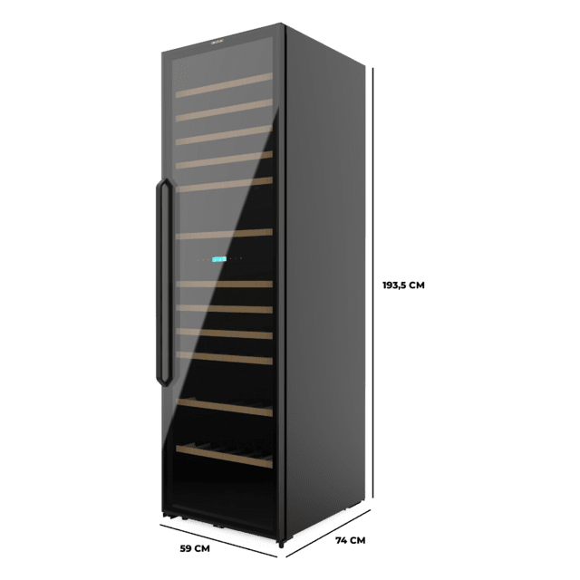 Bolero GrandSommelier Duo 176000 Black Vinoteca libre instalación, 195.5x59.5cm, 176 Botellas, Dual Cooling, 2 Zonas temperatura, Rango 5-20ºC, Display LED, Doble Vidrio UV, 12 Bandejas madera, luz LED, Alarma temperatura y puerta, Filtro carbón activo, Compresor.