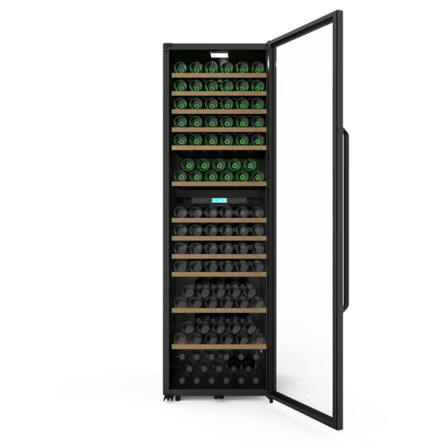 Bolero GrandSommelier Duo 176000 Black Vinoteca libre instalación, 195.5x59.5cm, 176 Botellas, Dual Cooling, 2 Zonas temperatura, Rango 5-20ºC, Display LED, Doble Vidrio UV, 12 Bandejas madera, luz LED, Alarma temperatura y puerta, Filtro carbón activo, Compresor.