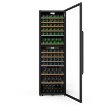 Bolero GrandSommelier Duo 176000 Black Vinoteca libre instalación, 195.5x59.5cm, 176 Botellas, Dual Cooling, 2 Zonas temperatura, Rango 5-20ºC, Display LED, Doble Vidrio UV, 12 Bandejas madera, luz LED, Alarma temperatura y puerta, Filtro carbón activo, Compresor.