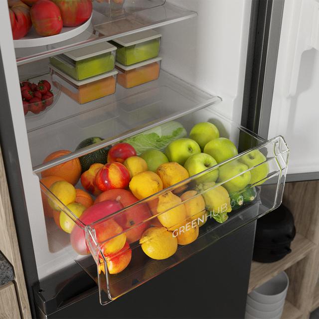 Bolero CoolMarket Combi 296 DF WD Dark Frigorífico combi en inox oscuro con función DeFrost de 185x60cm, Volumen de conservación de 296 Litros, dispensador de agua integrado, Iluminación interior y Cajón para frutas y verduras.