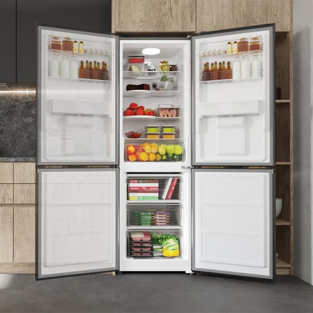 Bolero CoolMarket Combi 296 DF WD Dark Frigorífico combi en inox oscuro con función DeFrost de 185x60cm, Volumen de conservación de 296 Litros, dispensador de agua integrado, Iluminación interior y Cajón para frutas y verduras.