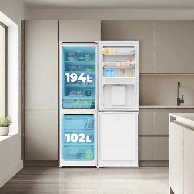 Bolero CoolMarket Combi 296 DF WD Dark Frigorífico combi en inox oscuro con función DeFrost de 185x60cm, Volumen de conservación de 296 Litros, dispensador de agua integrado, Iluminación interior y Cajón para frutas y verduras.