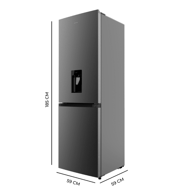 Bolero CoolMarket Combi 296 DF WD Dark Frigorífico combi en inox oscuro con función DeFrost de 185x60cm, Volumen de conservación de 296 Litros, dispensador de agua integrado, Iluminación interior y Cajón para frutas y verduras.