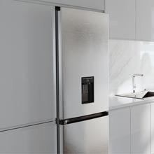 Bolero CoolMarket Combi 296 DF WD Inox Frigorífico combi en inox con función DeFrost de 185x60cm, Volumen de conservación de 296 Litros, dispensador de agua integrado, Iluminación interior y Cajón para frutas y verduras.