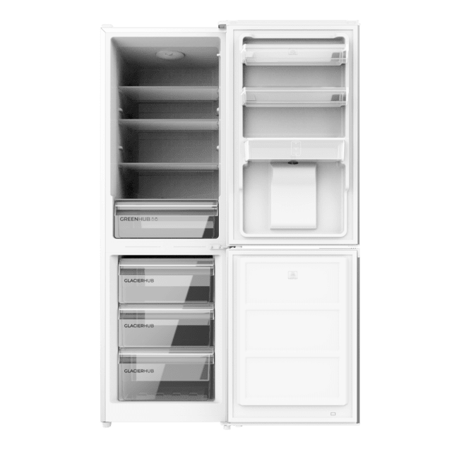 Bolero CoolMarket Combi 296 DF WD Inox Frigorífico combi en inox con función DeFrost de 185x60cm, Volumen de conservación de 296 Litros, dispensador de agua integrado, Iluminación interior y Cajón para frutas y verduras.