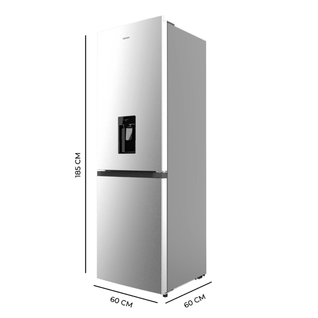 Bolero CoolMarket Combi 296 DF WD Inox Frigorífico combi en inox con función DeFrost de 185x60cm, Volumen de conservación de 296 Litros, dispensador de agua integrado, Iluminación interior y Cajón para frutas y verduras.