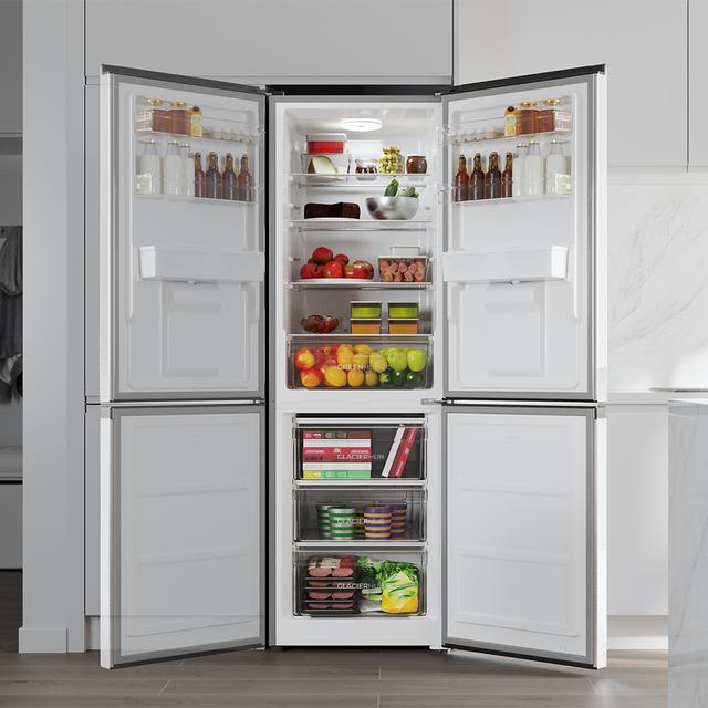 Bolero CoolMarket Combi 296 DF WD Inox Frigorífico combi en inox con función DeFrost de 185x60cm, Volumen de conservación de 296 Litros, dispensador de agua integrado, Iluminación interior y Cajón para frutas y verduras.