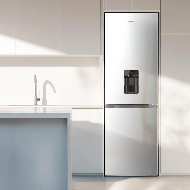 Bolero CoolMarket Combi 296 DF WD Inox Frigorífico combi en inox con función DeFrost de 185x60cm, Volumen de conservación de 296 Litros, dispensador de agua integrado, Iluminación interior y Cajón para frutas y verduras.