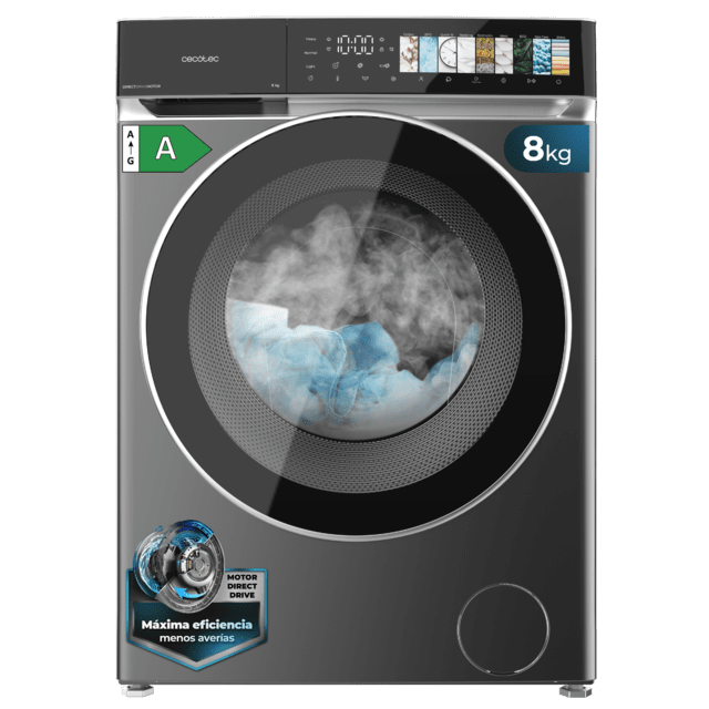 Bolero DressCode 8970 Direct Drive Steel Lavadora de 8 kg color steel y clase A, con motor Direct Drive y  1400 rpm, 11 programas, panel de control FullColor, puerta XXL y función vapor SteamMax, Spa Care, Soil Level, Delay End, My Fav, luz interior, Drum Clean Plus y Stop&Go