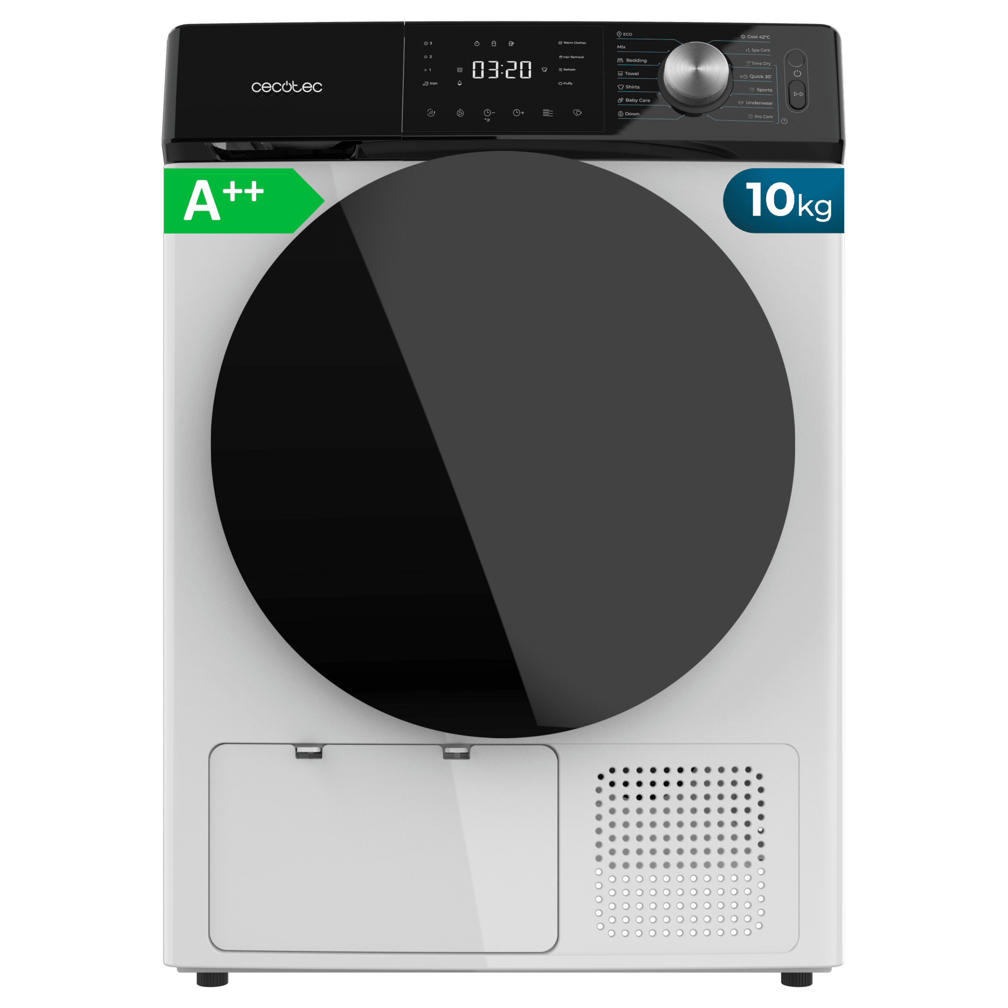 Bolero Dresscode Dry 10350 Sèche-linge à pompe à chaleur blanc avec capacité de 10 kg, classe A++, 14 programmes avec séchage automatique et fonctions Spa Care, Repassage facile, Pro Care, 4 niveaux d'intensité de séchage, Départ différé, Stop&Go, KidLock et accessoire pour chaussures.