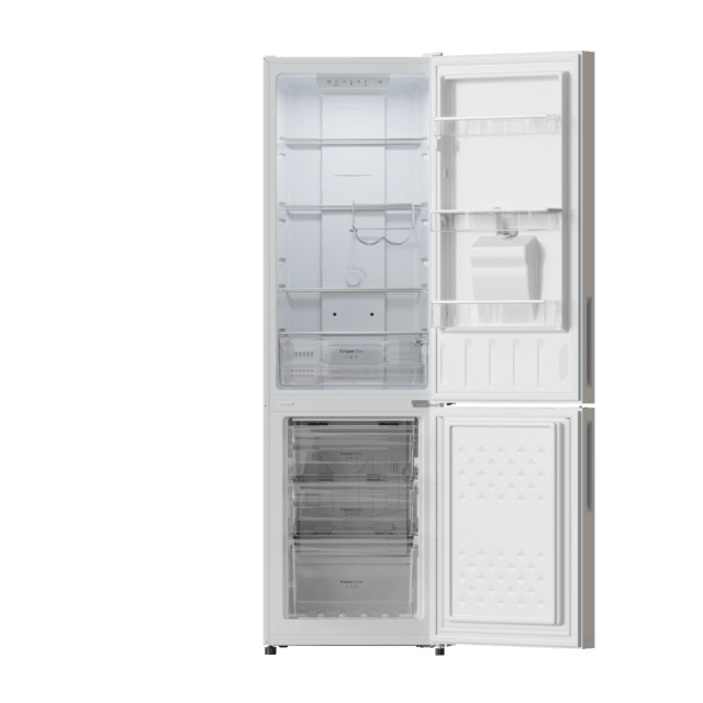 Bolero CoolMarket Combi 250 WD Total White Glass D Frigorífico Combi 250L de 180x55 cm con Dispensador de Agua, Compresor Inverter Plus, Total No Frost, Clase Energética D, Fast Cooling, Multi Air Flow, Fast Cooling y cajón con regulación de humedad así como alarmas de puerta abierta y fallo de funcionamiento.