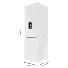 Bolero CoolMarket Combi 250 WD Total White Glass D Frigorífico Combi 250L de 180x55 cm con Dispensador de Agua, Compresor Inverter Plus, Total No Frost, Clase Energética D, Fast Cooling, Multi Air Flow, Fast Cooling y cajón con regulación de humedad así como alarmas de puerta abierta y fallo de funcionamiento.