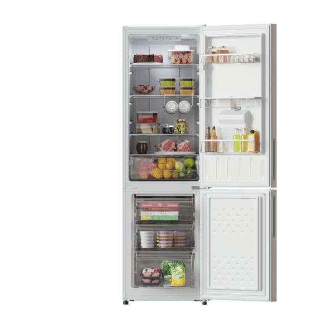 Bolero CoolMarket Combi 250 WD Total White Glass D Frigorífico Combi 250L de 180x55 cm con Dispensador de Agua, Compresor Inverter Plus, Total No Frost, Clase Energética D, Fast Cooling, Multi Air Flow, Fast Cooling y cajón con regulación de humedad así como alarmas de puerta abierta y fallo de funcionamiento.