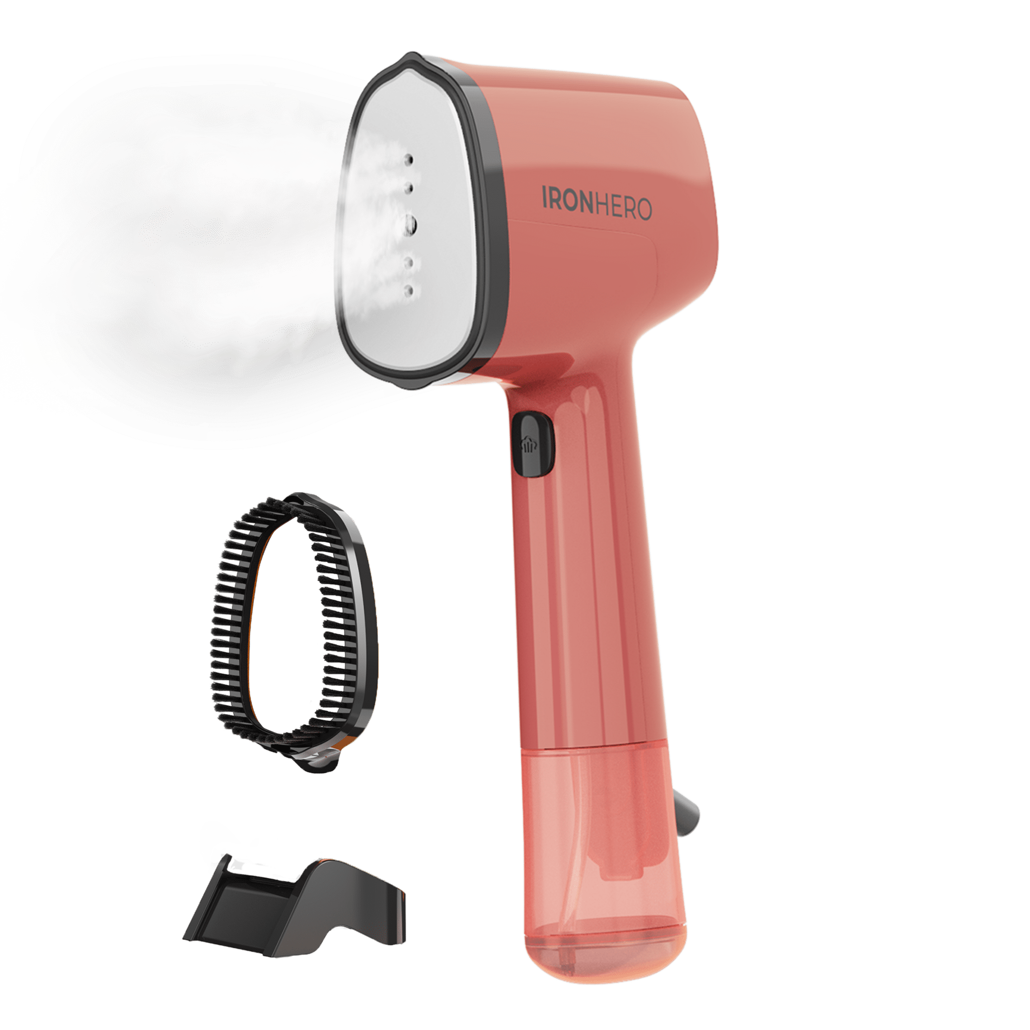 IronHero V-1500 Essential Red Défroisseur avec une semelle en céramique et 1500 W de puissance. Léger et attrayant pour l'emporter avec vous en voyage.  Préchauffage rapide : Prêt en 30 secondes. Brosse en silicone incluse qui attrape les bouloches et les fils.