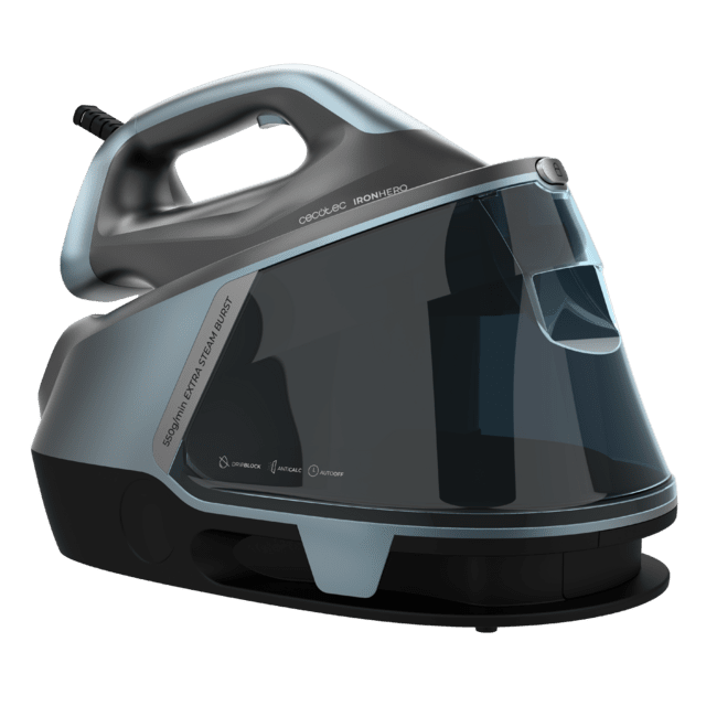 IronHero H-2800 Professional Station Centro de planchado vertical de 2800 W con suela cerámica Turbo Slide. Ofrece 150 g/min de vapor continuo y golpe de 550 g/min. Incluye bomba automática, sistema antigoteo, doble calentamiento Dual Steam Pro, tres modos automáticos, sistema antical Cyclo Clean y apagado automático Smart Auto Off. Ideal para arrugas profundas y tejidos gruesos.