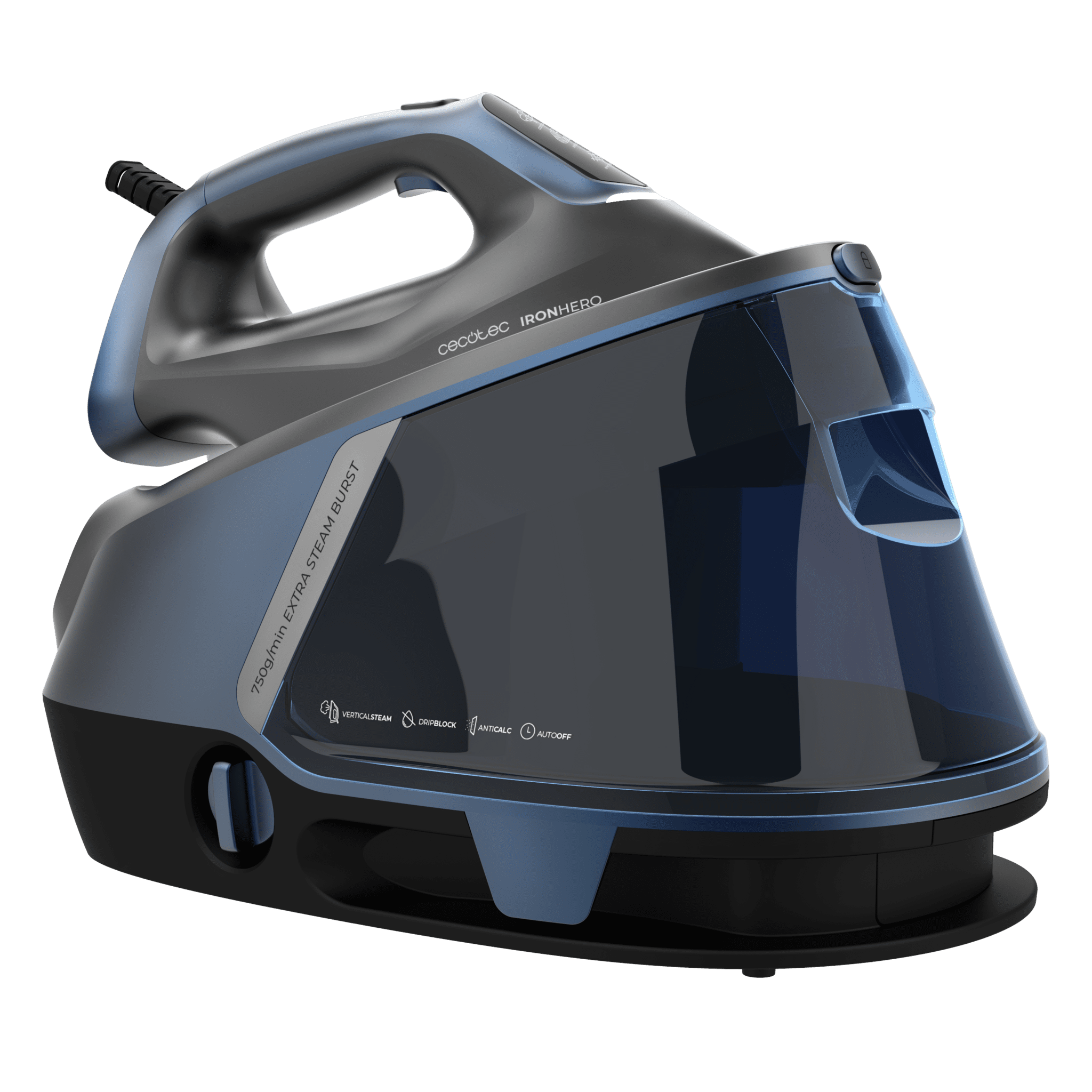 IronHero H-3000 Station Geyser Centrale vapeur de 3000 W avec semelle céramique Turbo Slide pour un glissement doux et efficace. Vapeur continue de 155 g/min et jet de vapeur de 600 g/min pour éliminer les plis en profondeur sur tous les types de tissus, même les plus épais.
