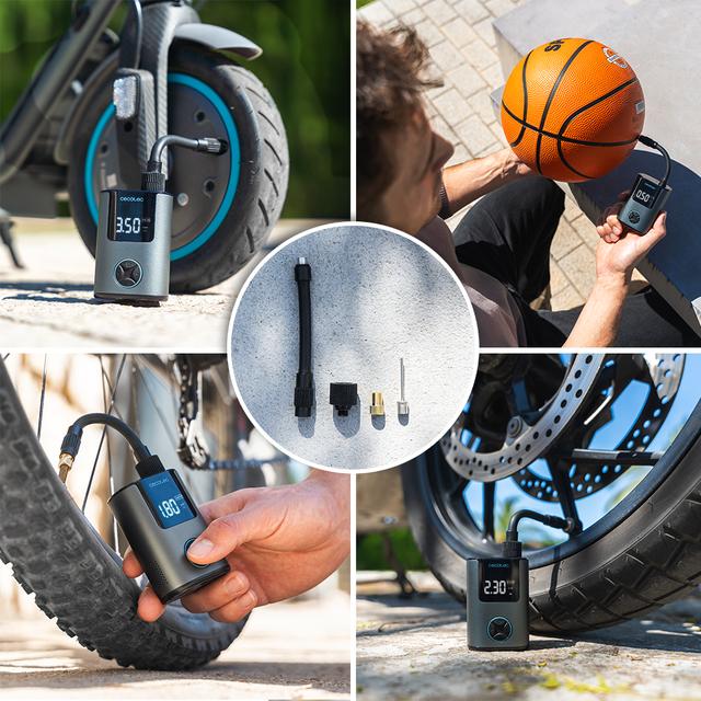 Mini Air Max Compact, gonfiatore elettrico per biciclette, moto, auto, scooter e palloni. Con una doppia batteria da 600 mAh e una capacità di gonfiaggio fino a 150 psi per due pneumatici di bicicletta. Grazie al suo peso di 150 g e alle dimensioni compatte, può essere facilmente trasportato nello zaino o in tasca.