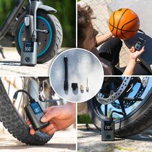 Mini Air Max Compact, gonfiatore elettrico per biciclette, moto, auto, scooter e palloni. Con una doppia batteria da 600 mAh e una capacità di gonfiaggio fino a 150 psi per due pneumatici di bicicletta. Grazie al suo peso di 150 g e alle dimensioni compatte, può essere facilmente trasportato nello zaino o in tasca.