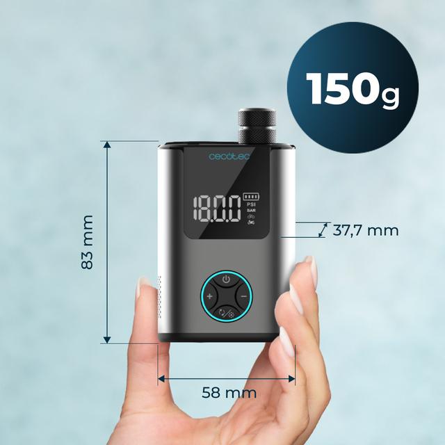 Mini Air Max Compact, gonfiatore elettrico per biciclette, moto, auto, scooter e palloni. Con una doppia batteria da 600 mAh e una capacità di gonfiaggio fino a 150 psi per due pneumatici di bicicletta. Grazie al suo peso di 150 g e alle dimensioni compatte, può essere facilmente trasportato nello zaino o in tasca.