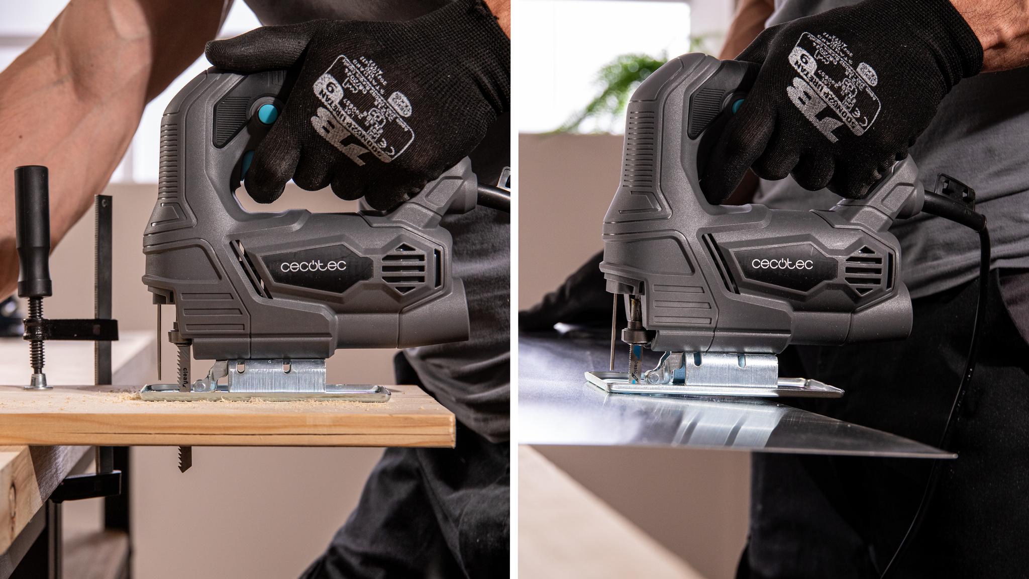 Incluye Regla guía, 6 hojas sierras para madera y 2 para metal.