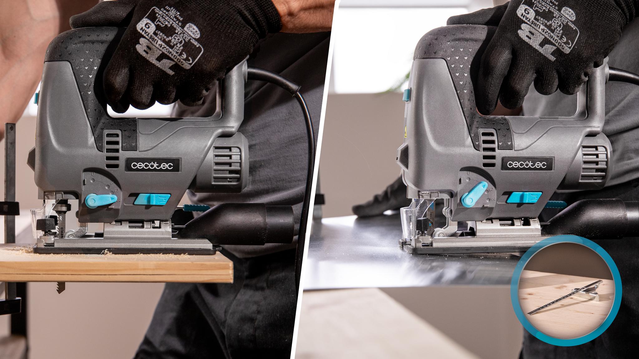 Incluye Regla guía, 6 hojas sierras para madera y 2 para metal.