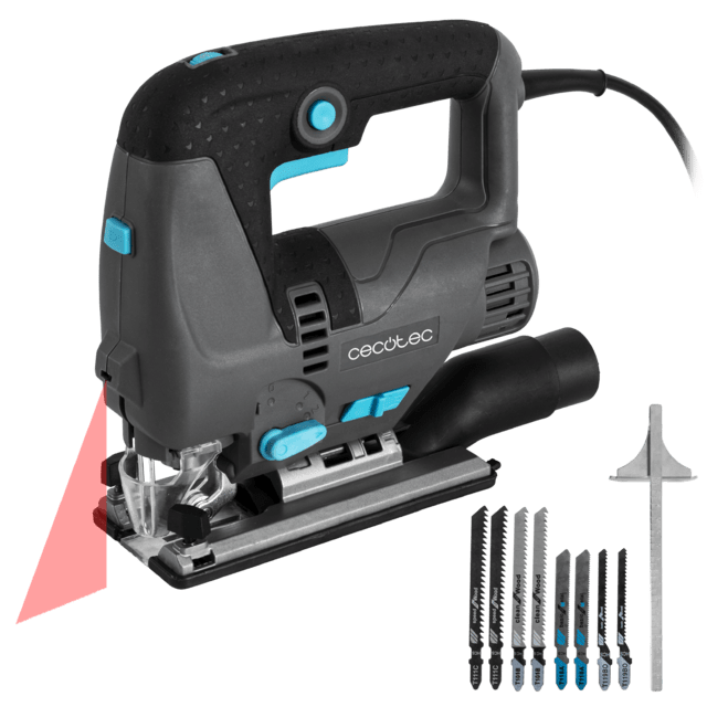 MultiCut 8000 Vision Scie sauteuse avec une puissance de 800 W. Coupe pendulaire. Semelle en fonte d'aluminium et mandrin sans clé. Guide laser et lumière LED. Câble de 2 mètres. Inclus : guide-règle et 8 lames.