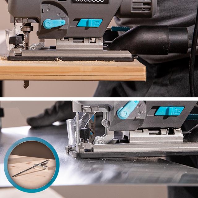 MultiCut 8000 Vision Scie sauteuse avec une puissance de 800 W. Coupe pendulaire. Semelle en fonte d'aluminium et mandrin sans clé. Guide laser et lumière LED. Câble de 2 mètres. Inclus : guide-règle et 8 lames.