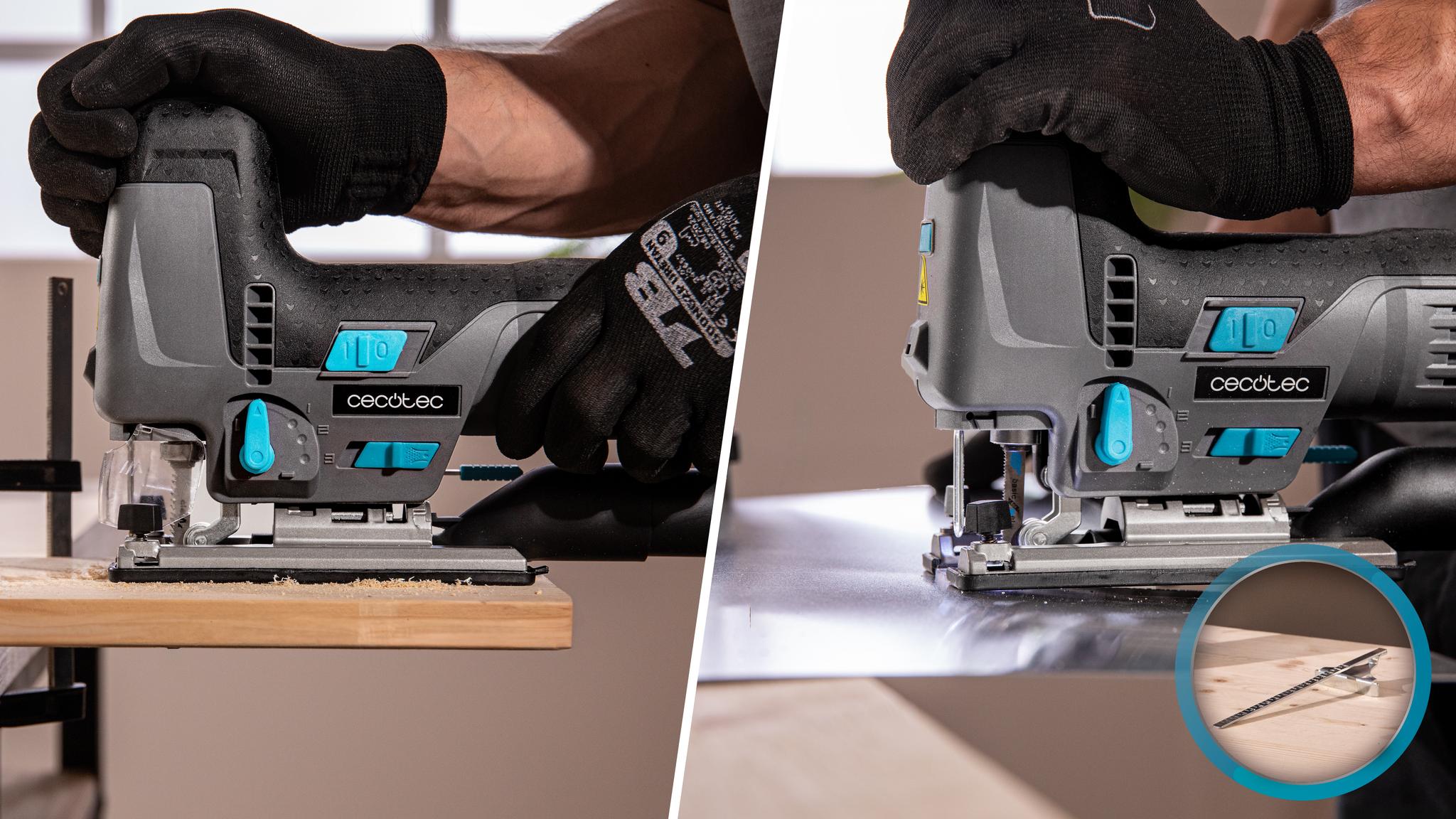 Incluye Regla guía, 6 hojas sierras para madera y 2 para metal.