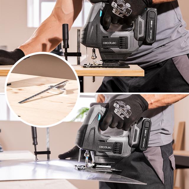 Scie sauteuse sans fil MultiCut 500 Vision Liberty 21 V. Liberté de mouvement. Changement de mandrin sans clé. Guide laser et éclairage LED. 8 lames et une règle de guidage incluses.