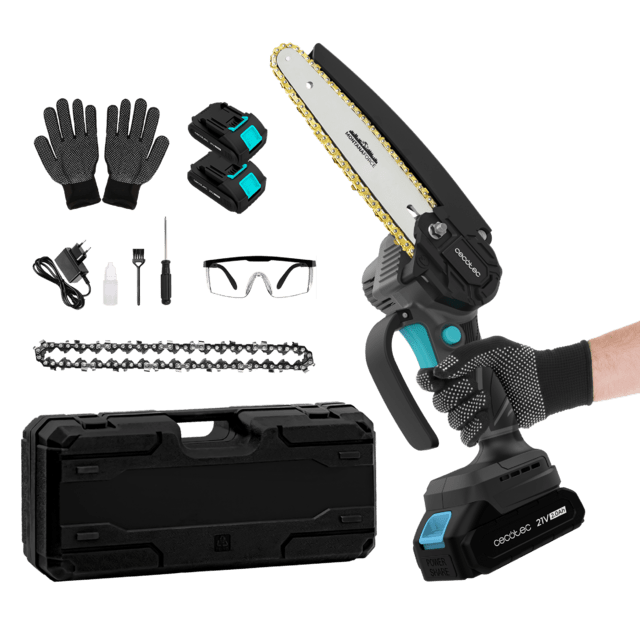 MontanaForce 6000 Hand Sierra de podar 6". Motor sin escobillas, Brushless. Batería 21V. Engrasador a botón. Incluye maletín, cadena extra y set de accesorios.