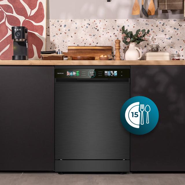 Bolero Aguazero 6320 Inox Bolero 60 cm integrierbarer Geschirrspüler dark mit 15 Maßgedecken, Klasse D, 8 Programmen, XXL-FullColor-Display, Smart Wash, UV-Licht, Turbo Dry+, AutoClean, Halbe Beladung, Delay Start, Kindersicherung und dritter Korb