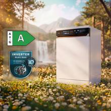 Bolero Aguazero 6900 Lave-vaisselle blanc avec capacité pour 15 couverts, classe énergétique A, finition similicuir, écran FullColor XXL, moteur Inverter Plus, 8 programmes, fonction UV Hygiene, ouverture automatique et séchage Turbo Dry+, Dual Zone Wash, panier réglable, demi-charge, Machine Care, Delay Start, tiroir à couverts et ChildLock.