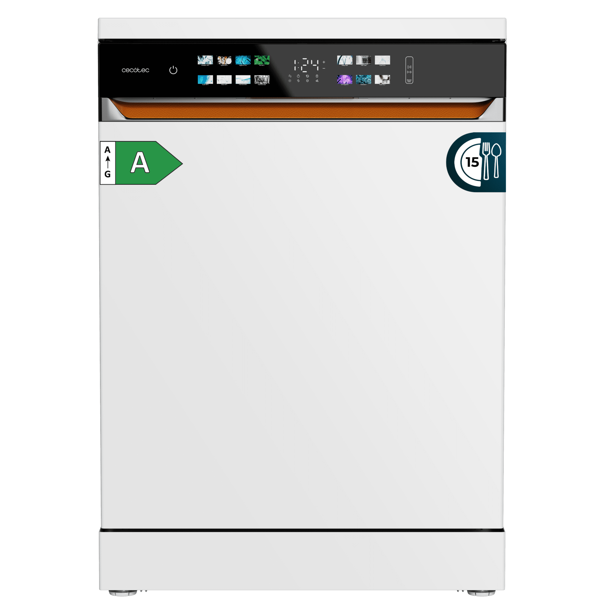 Bolero Aguazero 6900 Lave-vaisselle blanc avec capacité pour 15 couverts, classe énergétique A, finition similicuir, écran FullColor XXL, moteur Inverter Plus, 8 programmes, fonction UV Hygiene, ouverture automatique et séchage Turbo Dry+, Dual Zone Wash, panier réglable, demi-charge, Machine Care, Delay Start, tiroir à couverts et ChildLock.