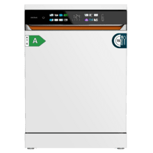 Bolero Aguazero 6900 Lavavajillas blanco de 15 cubiertos, clase energética A, acabados en imitación cuero, pantalla FullColor XXL, motor Inverter Plus, 8 programas, función UV Hygiene, secados Auto Open y Turbo Dry+, Dual Zone Wash, bandeja ajustable, Half Load, Machine Care, Delay Start, bandeja  para cubiertos y ChildLock.