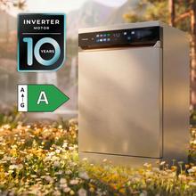 Bolero Aguazero 6900 Inox Lavavajillas inox de 15 cubiertos, clase energética A, acabados en imitación cuero, pantalla FullColor XXL, motor Inverter Plus, 8 programas, función UV Hygiene, secados Auto Open y Turbo Dry+, Dual Zone Wash, bandeja ajustable, Half Load, Machine Care, Delay Start, bandeja  para cubiertos y ChildLock.
