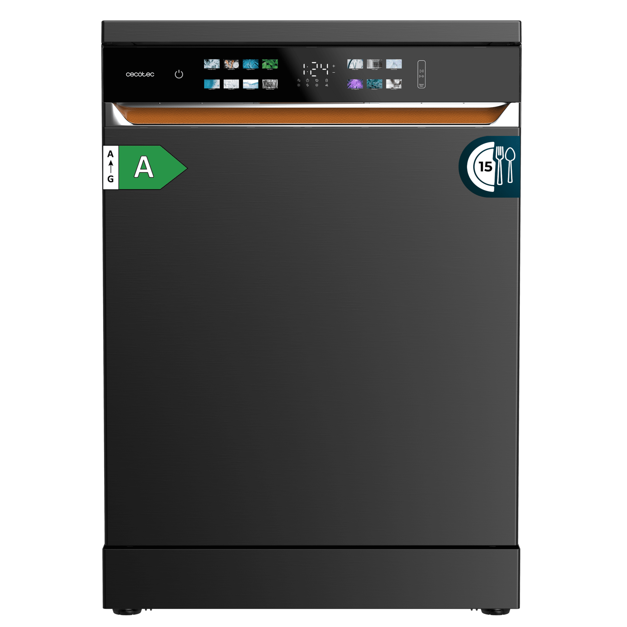 Bolero Aguazero 6900 Dark Lave-vaisselle dark avec capacité pour 15 couverts, classe énergétique A, finition similicuir, écran FullColor XXL, moteur Inverter Plus, 8 programmes, fonction UV Hygiene, ouverture automatique et séchage Turbo Dry+, Dual Zone Wash, panier réglable, demi-charge, Machine Care, Delay Start, tiroir à couverts et ChildLock.