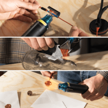 HellGun 200 Pistola de calor com cabo e 450 W de potência. Atinge até 570 ºC. Inclui 3 bicos. Temperatura regulável em 3 níveis.