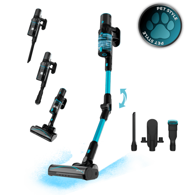 Conga Rockstar 3500 Storm Pet Flex. Aspirador escoba sin cables sin bolsa BLDC con 500 W de potencia total y 150 AW. 70 minutos de autonomía en modo ECO. Cepillo HairLess antienredos. Tubo flexible y cepillo para animales.