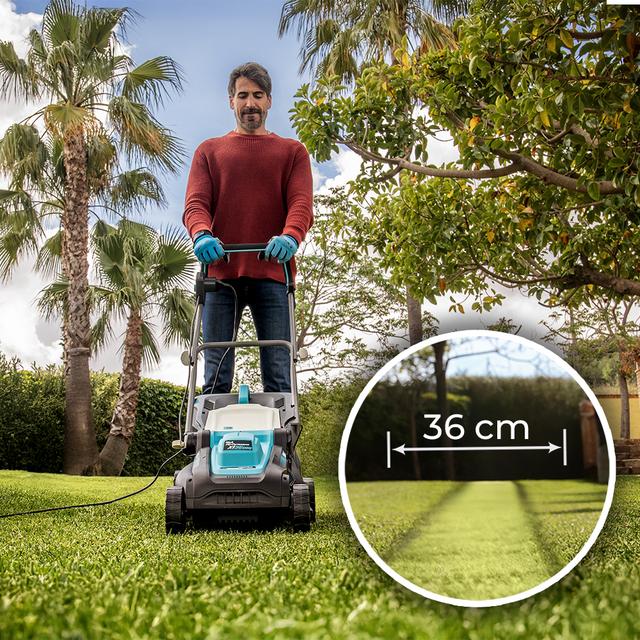 Terrenator 360 Flex Z Cortacésped cable con 1500W. Ancho de corte 36cm. Cambio de altura sistema Z-Tech. 3in1 con mulching. Ruedas trraseras XL. Seguridad con tecnología BeltDrive.