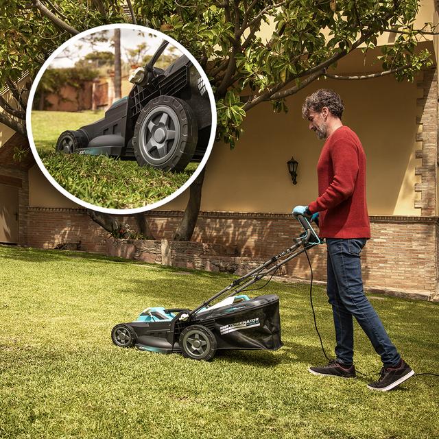 Terrenator 460 Flex Z Auto Cortacésped cable con 2000W. Ancho de corte 46cm. Propulsión automática. Cambio de altura sistema Z-Tech. 4in1 con mulching. Ruedas traseras XL. Seguidad con tecnología BeltDrive.