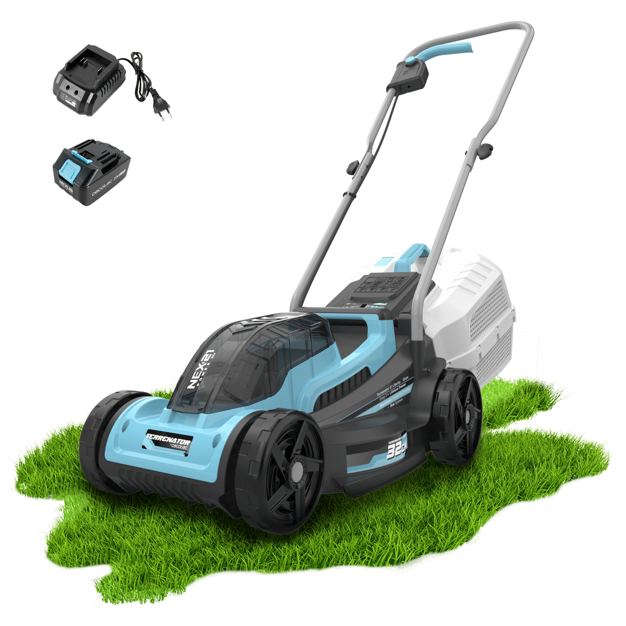 Terrenator E1 Liberty Tondeuse à gazon avec moteur sans balais (Brushless). Fonctionnement avec une batterie de 21V 4Ah. Hauteur de coupe réglable. Largeur de 32 cm. 3 en 1 avec mulching.