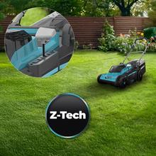 Terrenator E3 Liberty Z Plus Cortacésped motor sin escobillas Brushless. Funciona con 2 baterías 21V 4Ah. Cambio de altura sistema Z-Tech. Ancho de 38cm. 3in1 con mulching. Ruedas traseras XL.